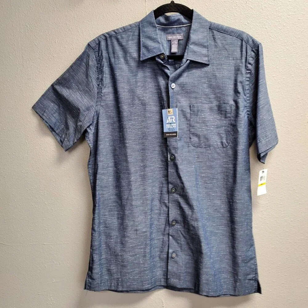 Van Heusen Shirt Mens Small Blue Black Iris Short Sleeve Classic Fit Cooling